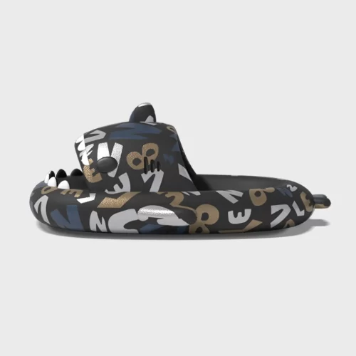 Black Letter Print Shark Slides